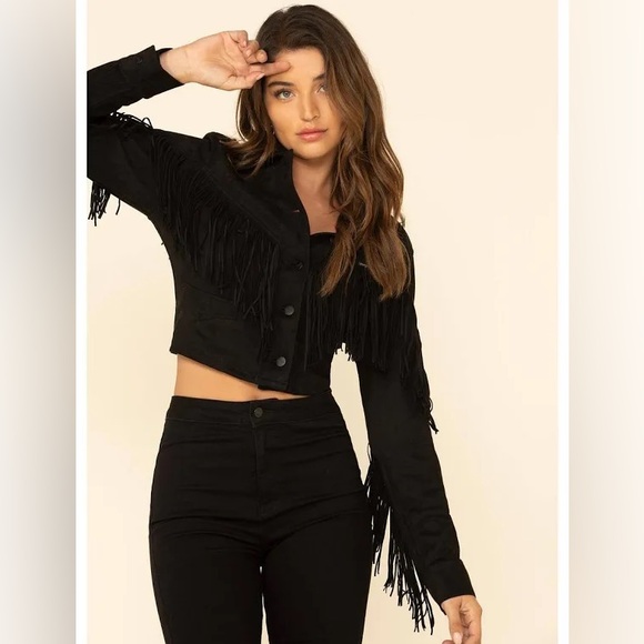 [NEW/UNWORN] Wrangler Retro Women's Suede Fringe Crop Jacket - Black - Picture 7 of 9